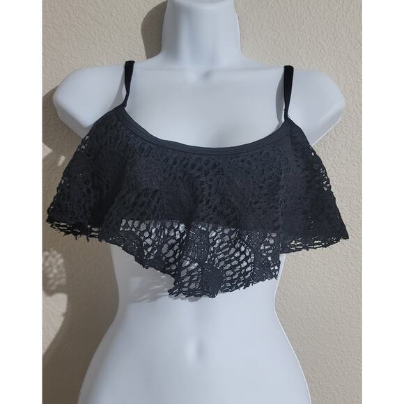 Xhilaration Black Crochet Ruffled Overlay Bikini Top Medium Adjustable Straps - Picture 1 of 5